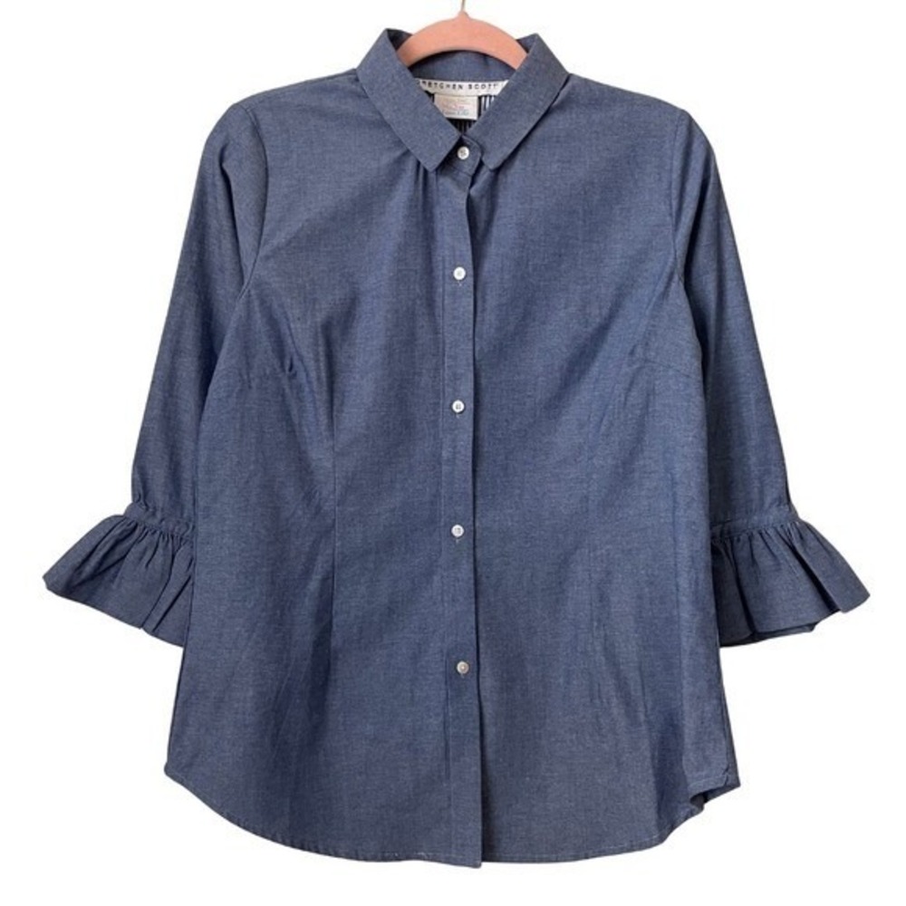 Gretchen Scott Top Womens Small Chambray Priss Ruffle 3/4 Sleeve Button Down